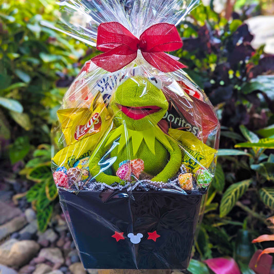 Disney Muppets Kermit the Frog plush gift basket with snacks and treats, perfect for Walt Disney World and Universal Orlando resort deliveries