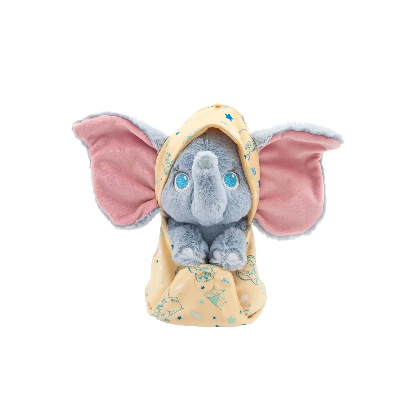 Licensed Disney Parks Disney Babies Dumbo 10-inch small plush toy wrapped in a removable yellow patterned swaddle blanket pouch for custom themed resort gift baskets