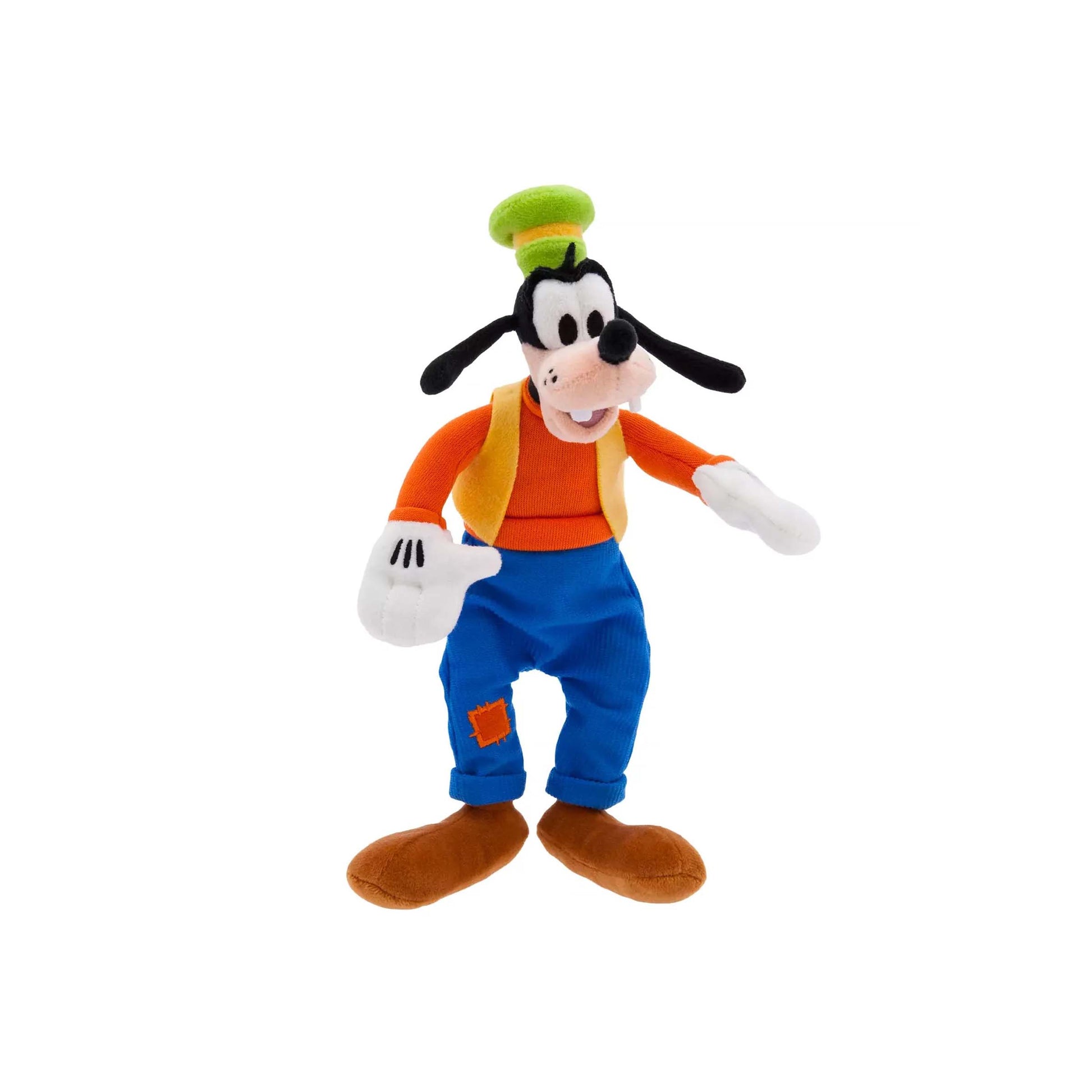 Licensed Disney Parks Goofy mini bean bag 10.25-inch plush toy character wearing his classic orange shirt, blue pants, vest, and green hat for custom themed resort gift baskets