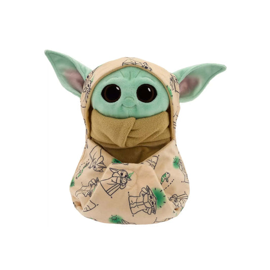 Licensed Disney Parks Disney Babies Grogu plush toy wrapped in a removable tan character-patterned swaddle blanket pouch for custom galactic resort gift baskets