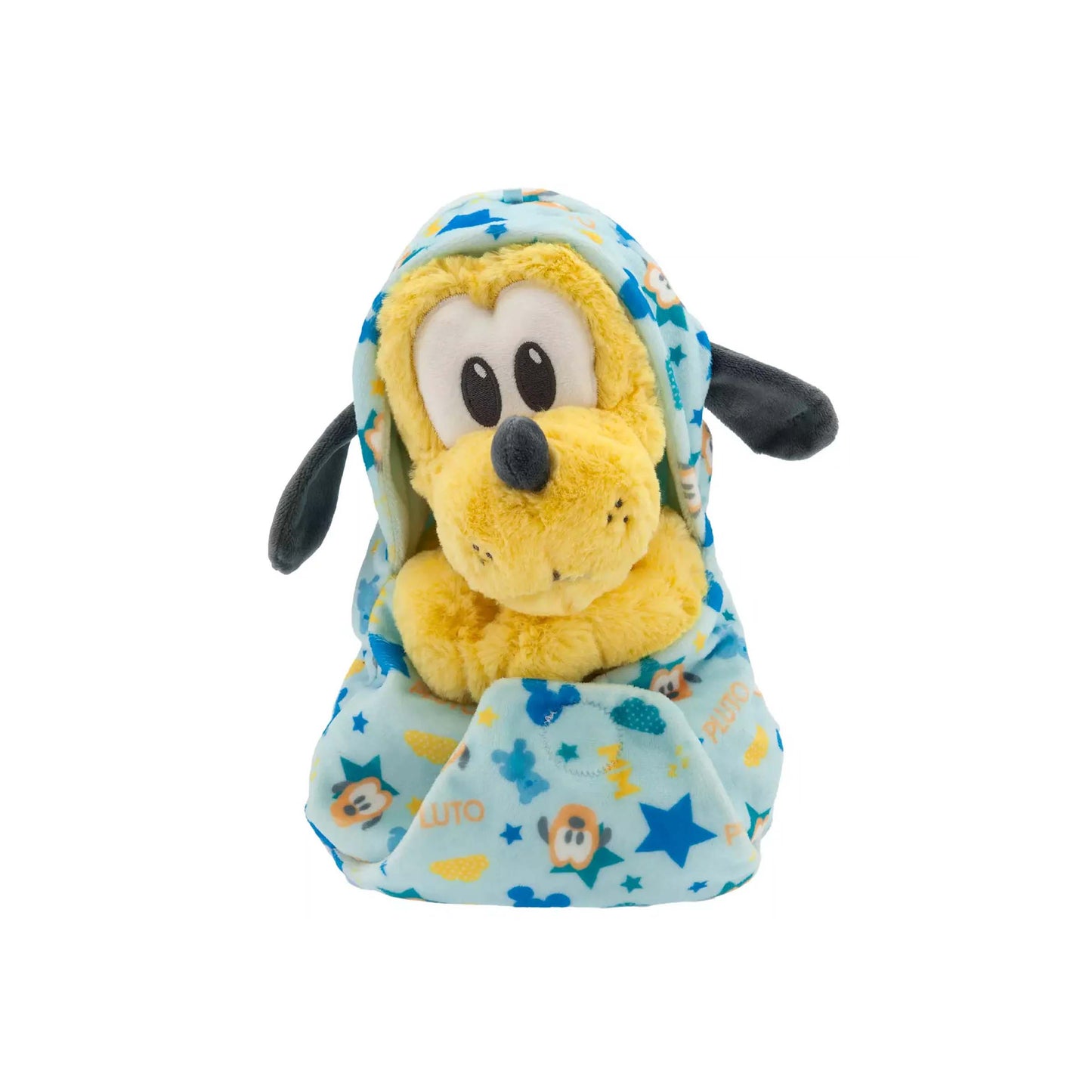 Licensed Disney Parks Disney Babies Pluto 10-inch small plush toy wrapped in a removable blue patterned swaddle blanket pouch for custom themed resort gift baskets
