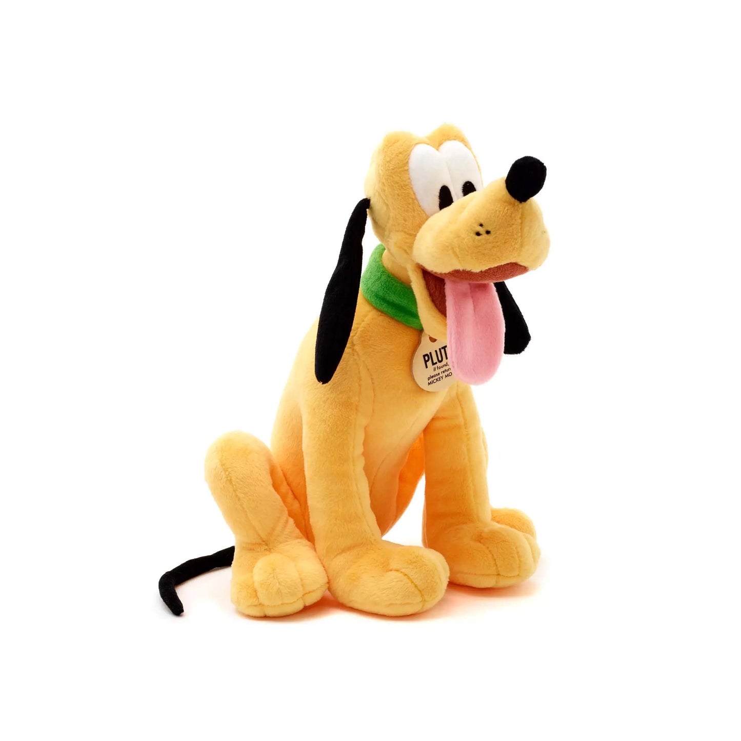 Licensed Disney Parks Pluto 13.75-inch medium plush toy character with a green collar and signature tag for custom themed resort gift baskets