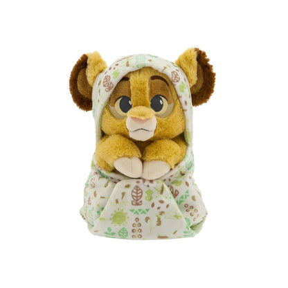 Licensed Disney Parks Disney Babies Simba 10-inch small plush toy wrapped in a removable green patterned swaddle blanket pouch for custom themed resort gift baskets