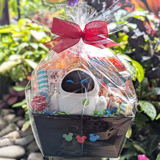 Disney Pixar WALL-E EVE plush gift basket with snacks and treats, perfect for Walt Disney World resort deliveries in Orlando