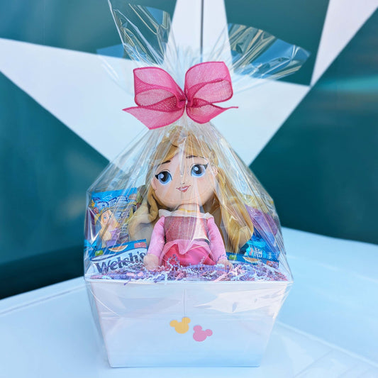 Disney Princess Aurora plush gift basket with snacks and treats, perfect for Walt Disney World resort deliveries in Orlando