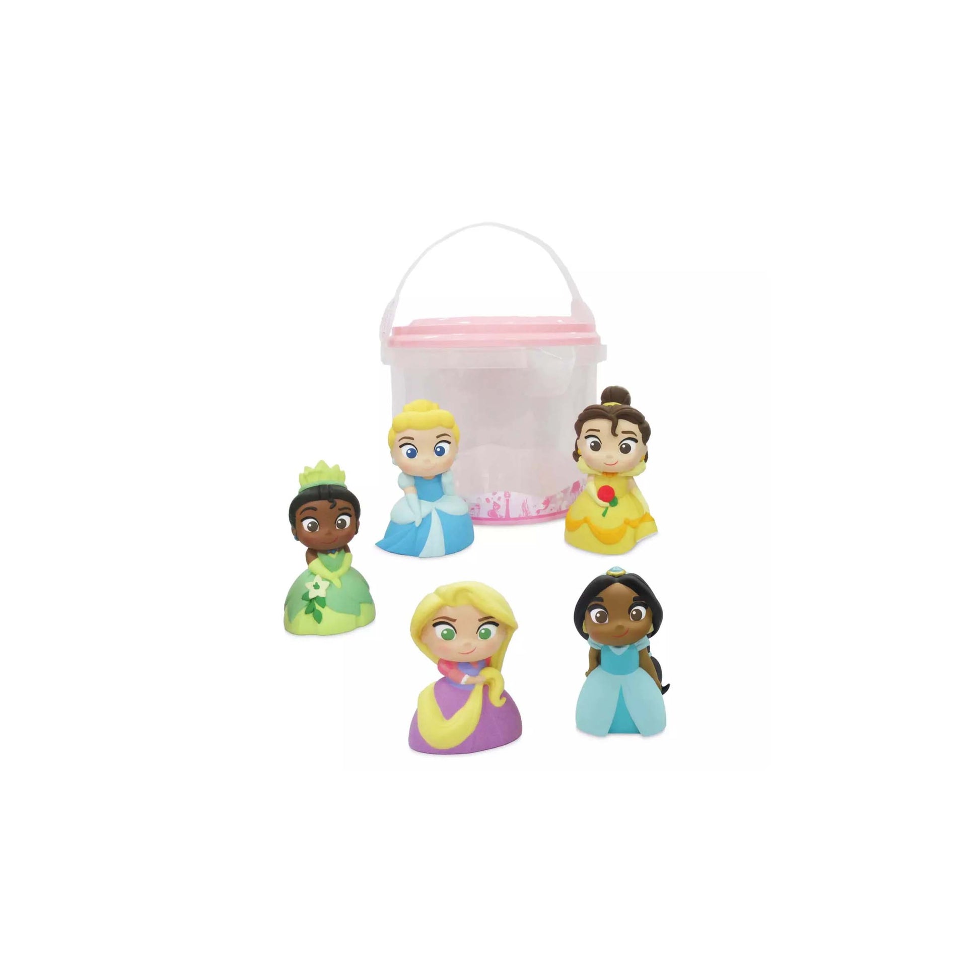 Set of Disney Princess character figurines with a pink bucket for themed Orlando resort gift baskets
