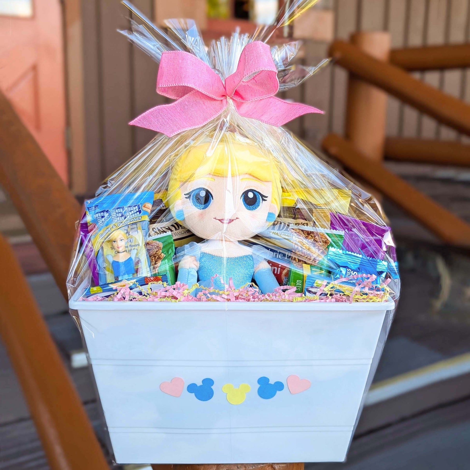 Disney Princess Cinderella plush gift basket with snacks and treats, perfect for Walt Disney World resort deliveries in Orlando
