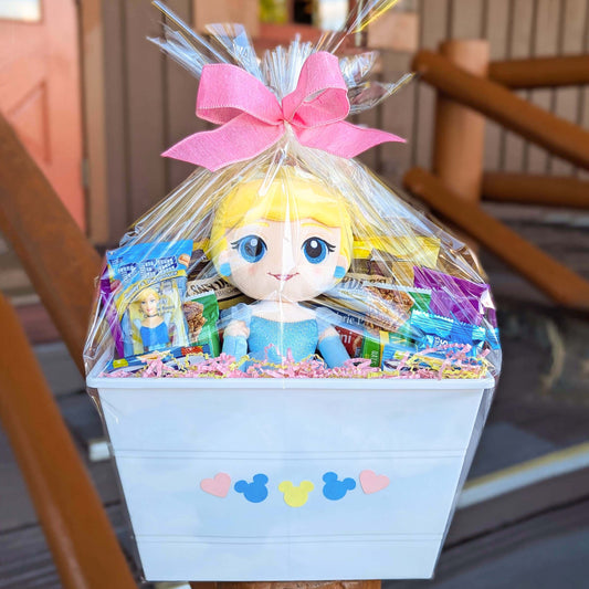 Disney Princess Cinderella plush gift basket with snacks and treats, perfect for Walt Disney World resort deliveries in Orlando