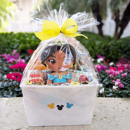 Disney Princess Jasmine plush gift basket with snacks and drinks, perfect for Walt Disney World resort deliveries in Orlando