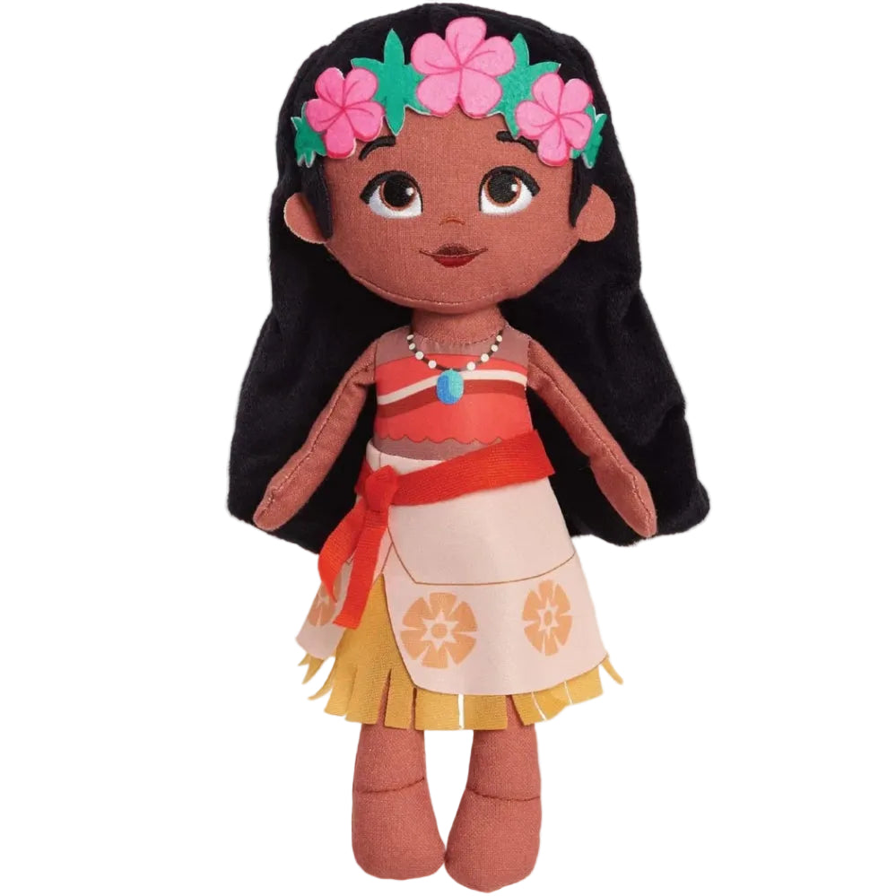 Licensed Disney Princess So Sweet Moana plush doll toy with a pink floral crown and traditional outfit for custom Orlando resort gift baskets