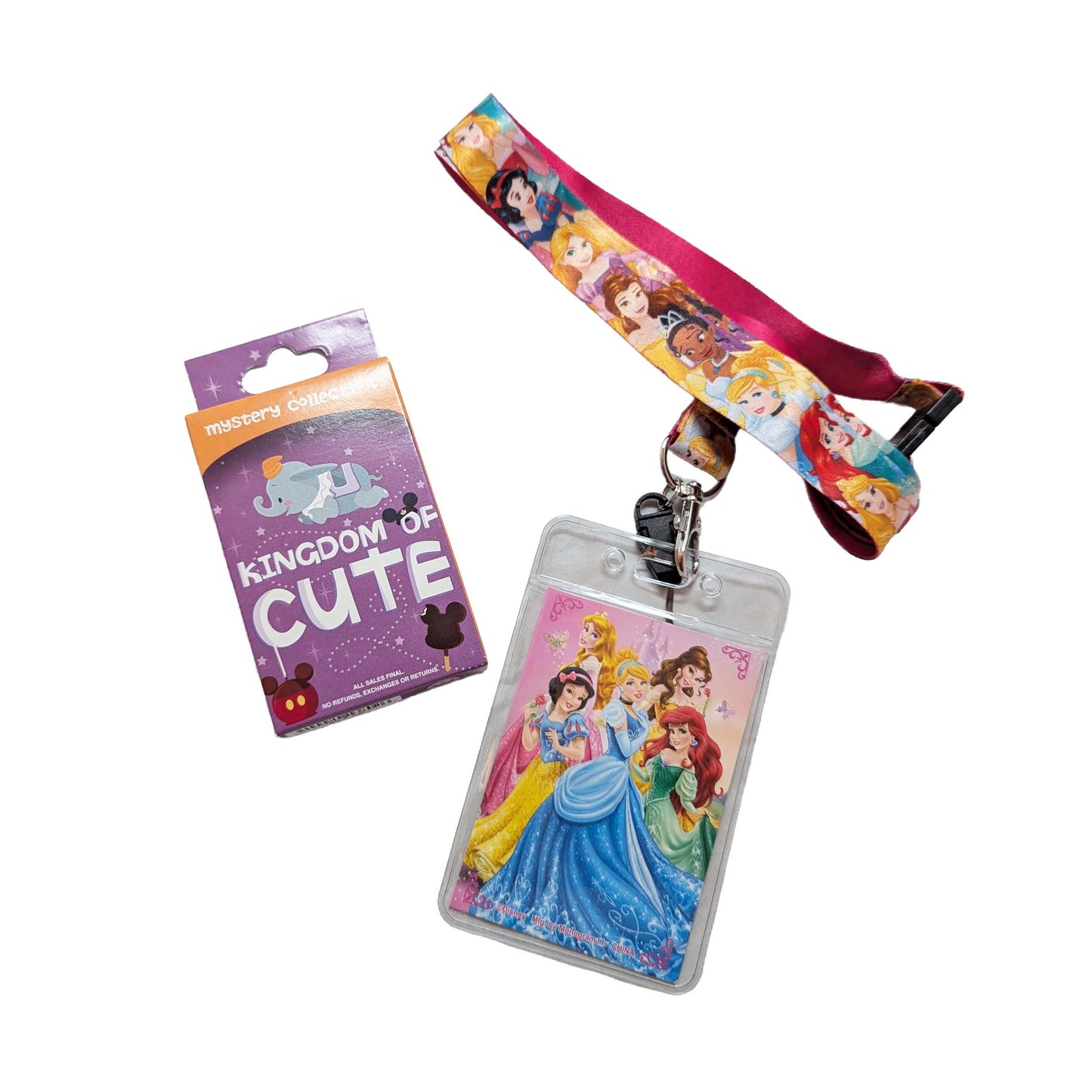 Disney Princess-themed lanyard, badge holder, and mystery pin box starter set for pin trading adventures at Walt Disney World area resorts