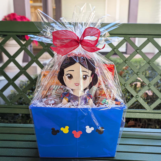 Disney Princess Snow White plush gift basket with snacks and treats, perfect for Walt Disney World resort deliveries in Orlando