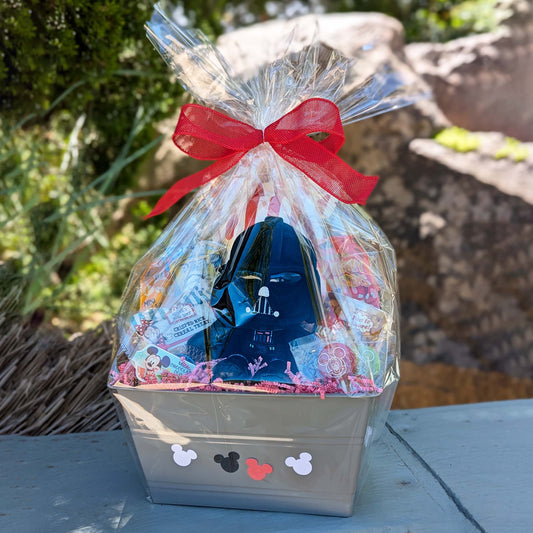 Custom Disney Star Wars Darth Vader plush gift basket filled with sweet and salty snacks, juices, and a collectible PEZ dispenser for Orlando resort delivery