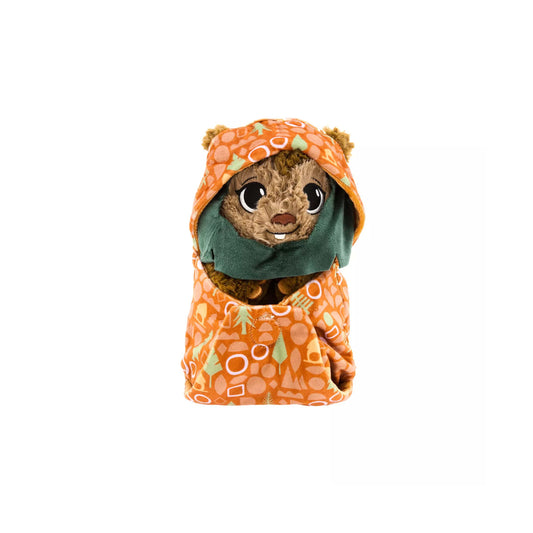 Disney Star Wars Ewok plush in an orange patterned hood, included in custom gift baskets for Walt Disney World and Universal Orlando resort deliveries