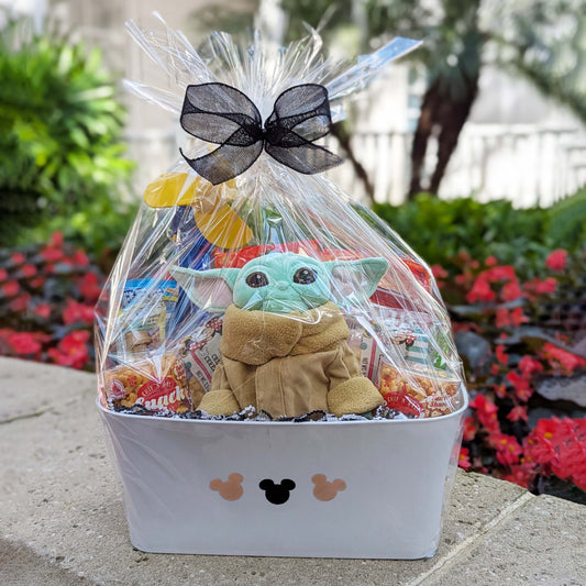 Custom Star Wars The Mandalorian Grogu plush gift basket filled with sweet and salty snacks for Orlando resort delivery