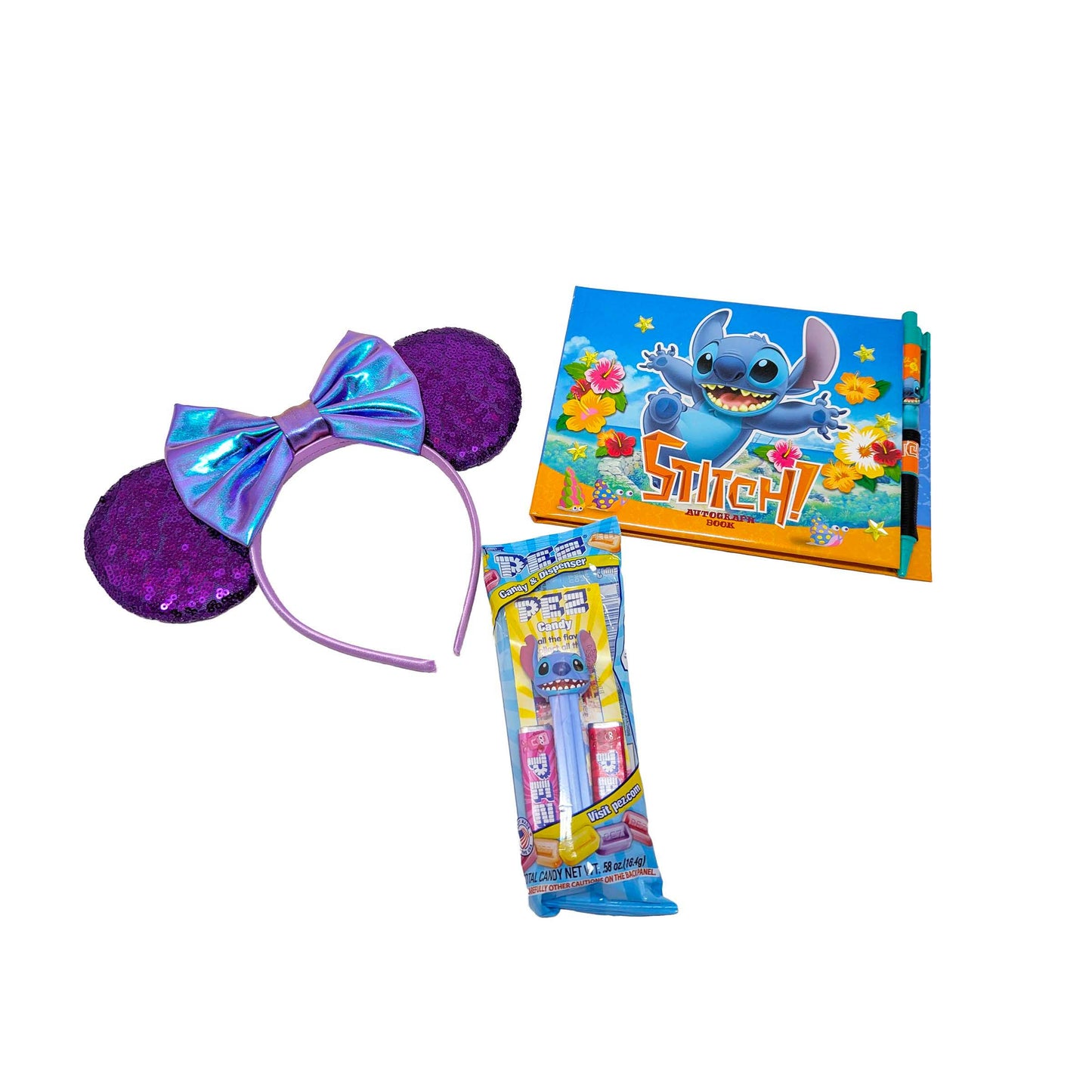 Licensed Disney Stitch autograph book, purple sequins ears headband with a blue bow, and a Stitch PEZ candy dispenser for custom resort gift sets
