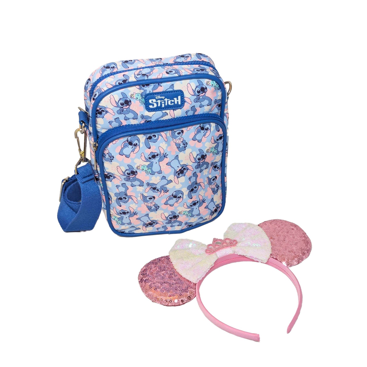 Disney Stitch patterned crossbody bag and matching sequin ear headband, included in gift baskets for Walt Disney World and Universal Orlando resort deliveries