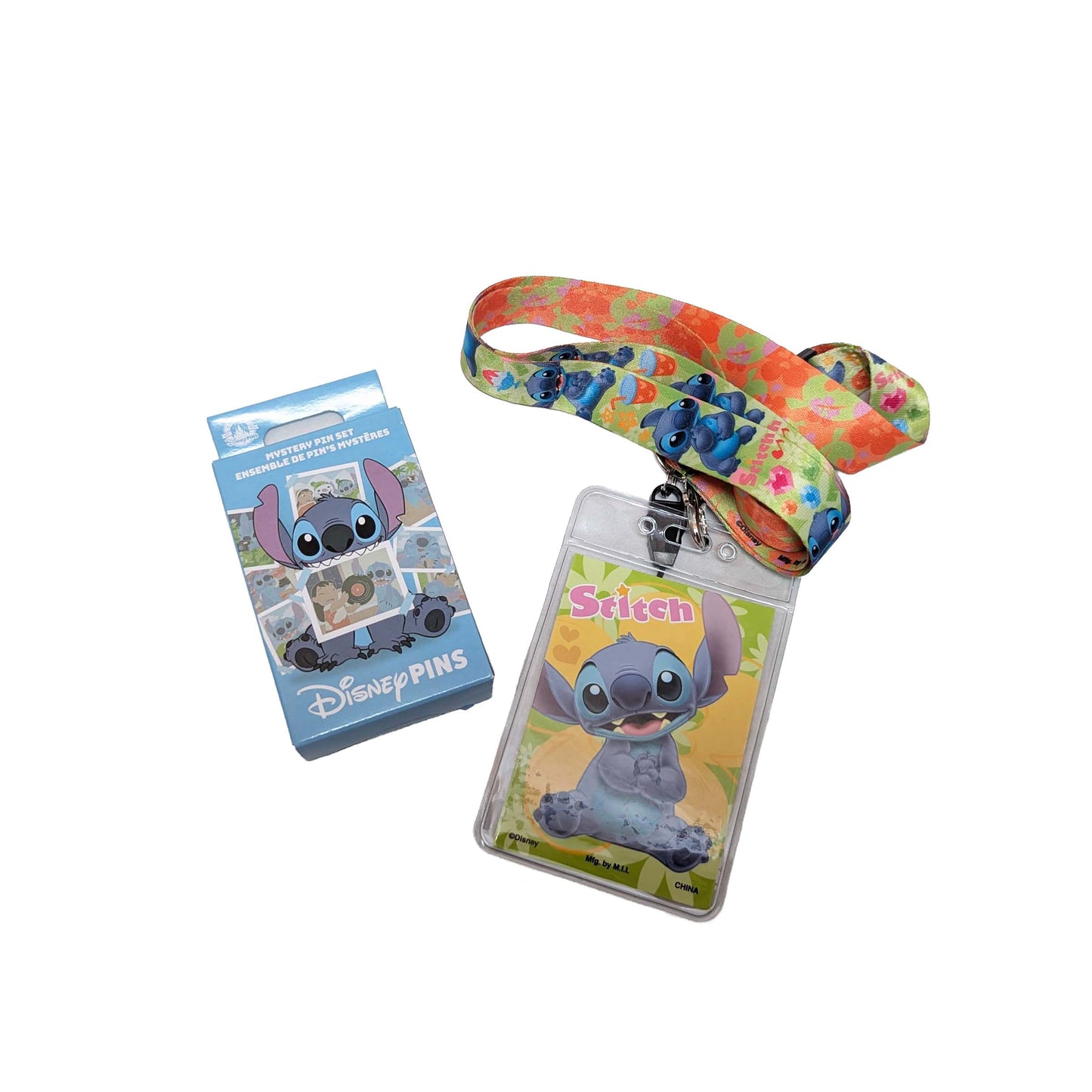 Disney Stitch-themed lanyard, badge holder, and mystery pin box starter set for pin trading adventures at Walt Disney World area resorts