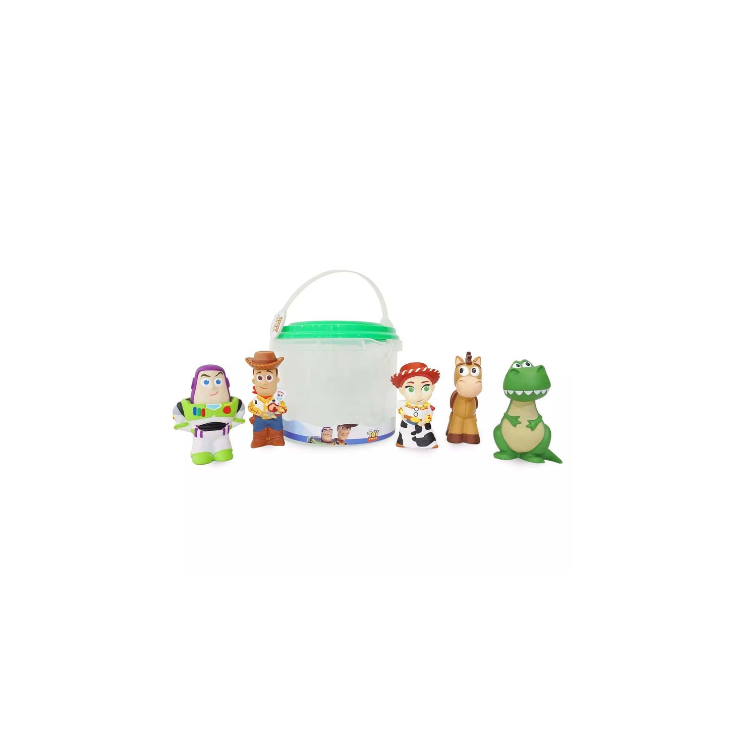 Set of Disney Toy Story character bath toys, including Buzz Lightyear, Woody, Jessie, Bullseye, and Rex, with a bucket for themed Orlando resort gift baskets