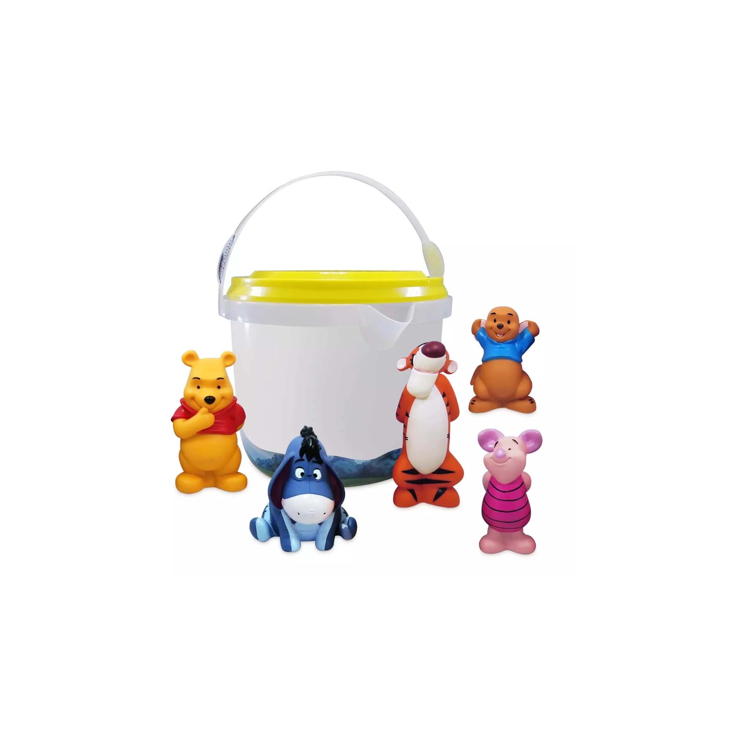 Set of Disney Winnie the Pooh and friends character bath toys, including Pooh, Eeyore, Tigger, and Piglet, with a bucket for themed Orlando resort gift baskets