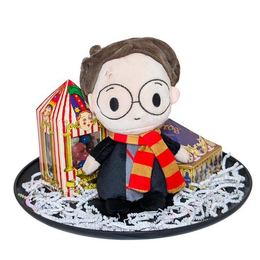 Licensed Harry Potter chibi plush toy, a Wizarding World Chocolate Frog box, and Bertie Bott's Every Flavor Beans box arranged on a matte black tray with white shredded paper fill for an Orlando resort gift basket