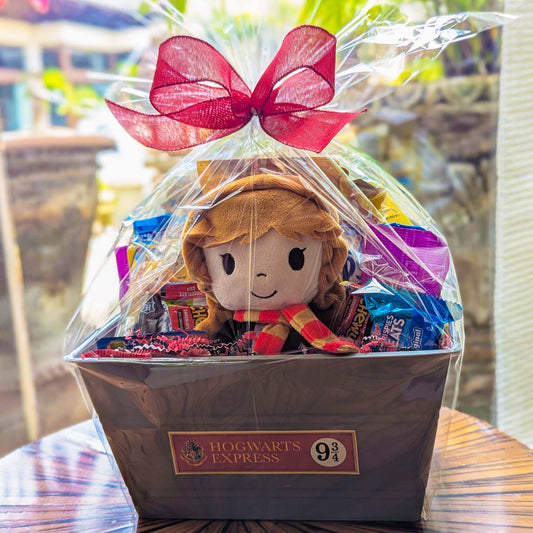 Hermione Granger themed plush and snack gift basket featuring a licensed bean bag plush toy and Hogwarts Express sign wrapped in clear cellophane with a red bow for Universal Orlando resort delivery