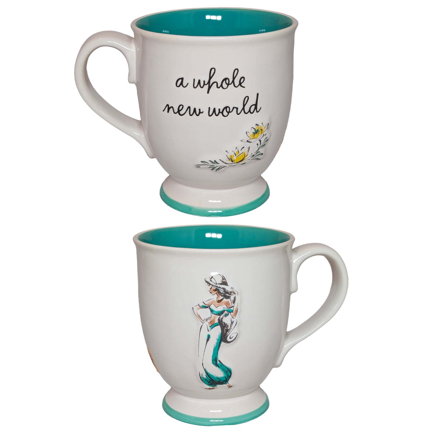Jasmine-themed ceramic mugs featuring "a whole new world" script and character art, perfect for themed Orlando resort gift baskets