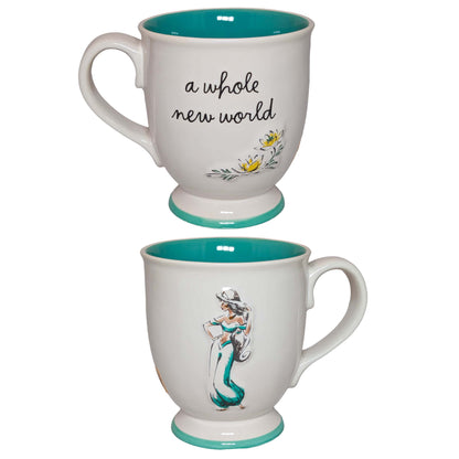 Jasmine-themed ceramic mugs featuring "a whole new world" script and character art, perfect for themed Orlando resort gift baskets