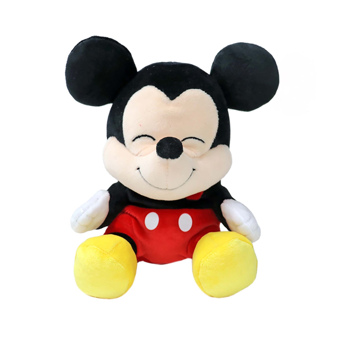Licensed 8-inch Mickey Mouse plush toy character with a closed-eye smiling expression for custom themed resort gift baskets