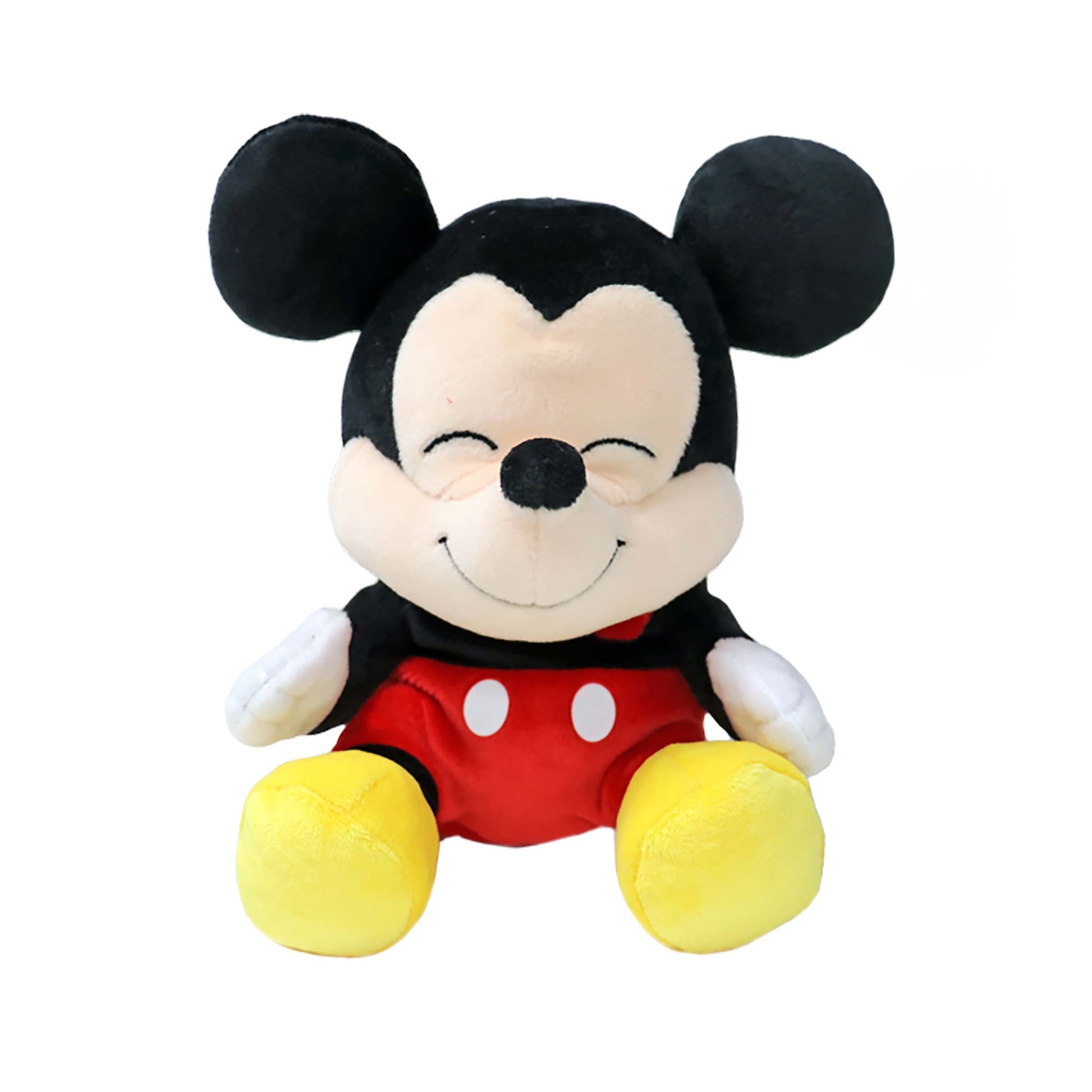 Licensed 8-inch Mickey Mouse plush toy character with a closed-eye smiling expression for custom themed resort gift baskets