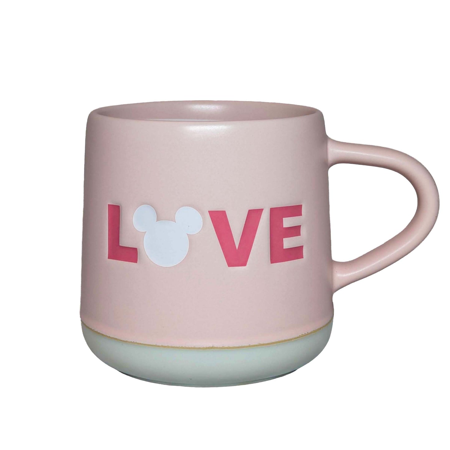 Pink ceramic mug with "LOVE" script and a Mickey Mouse head design, perfect for themed Orlando resort gift baskets
