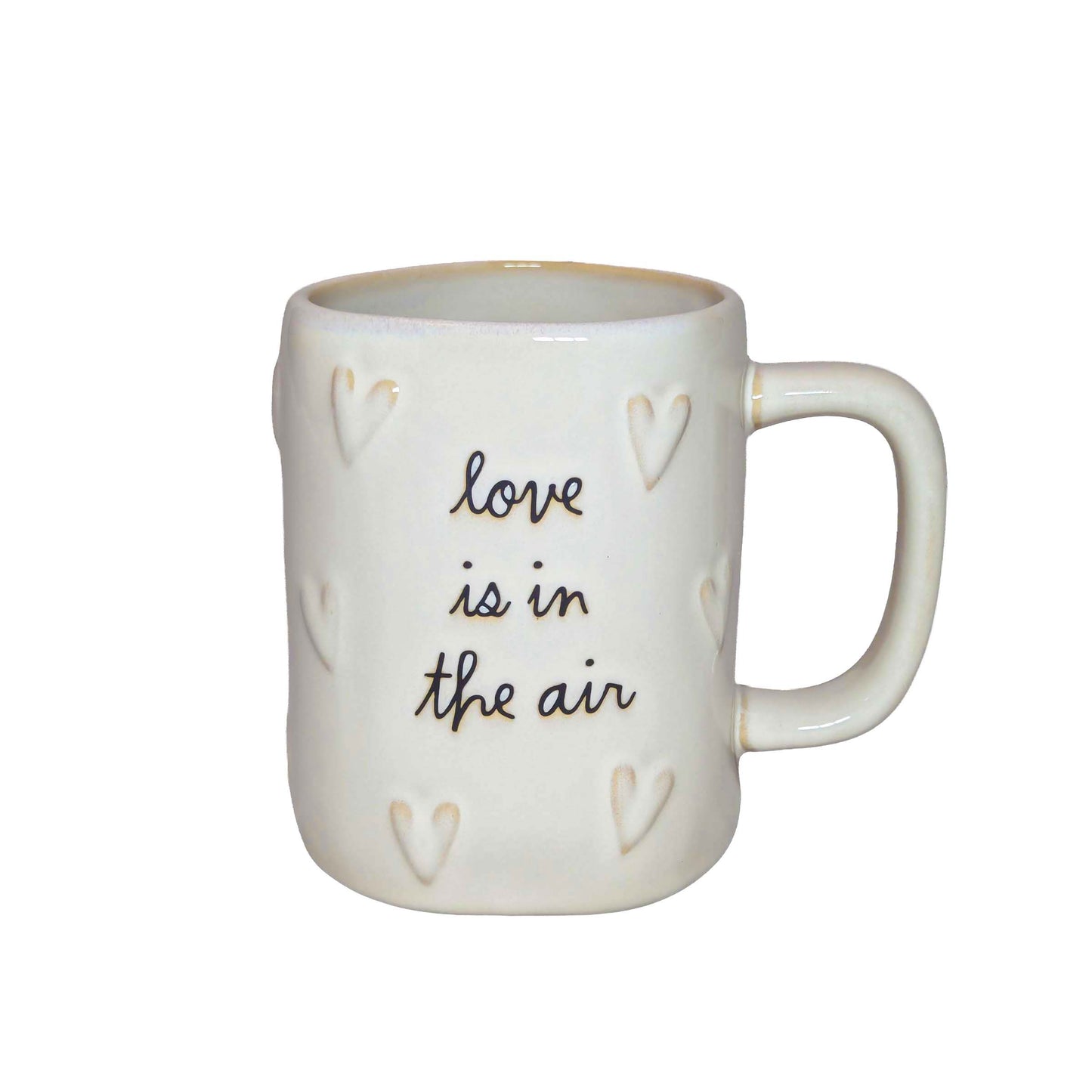 Ceramic mug with "love is in the air" script and heart designs, perfect for themed Orlando resort gift baskets