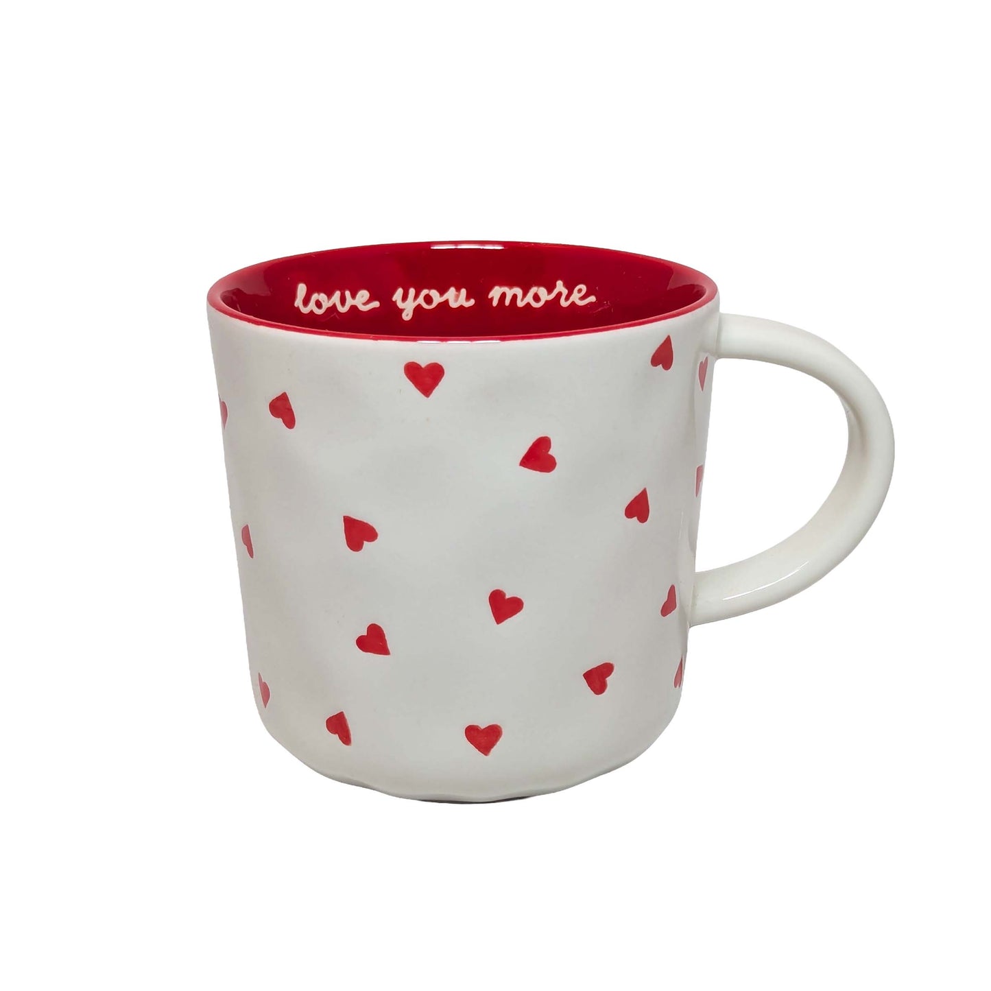 White ceramic mug with red heart patterns and "love you more" script, perfect for themed Orlando resort gift baskets