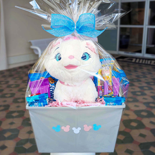Disney Marie plush gift basket with snacks and treats, perfect for Walt Disney World resort deliveries in Orlando