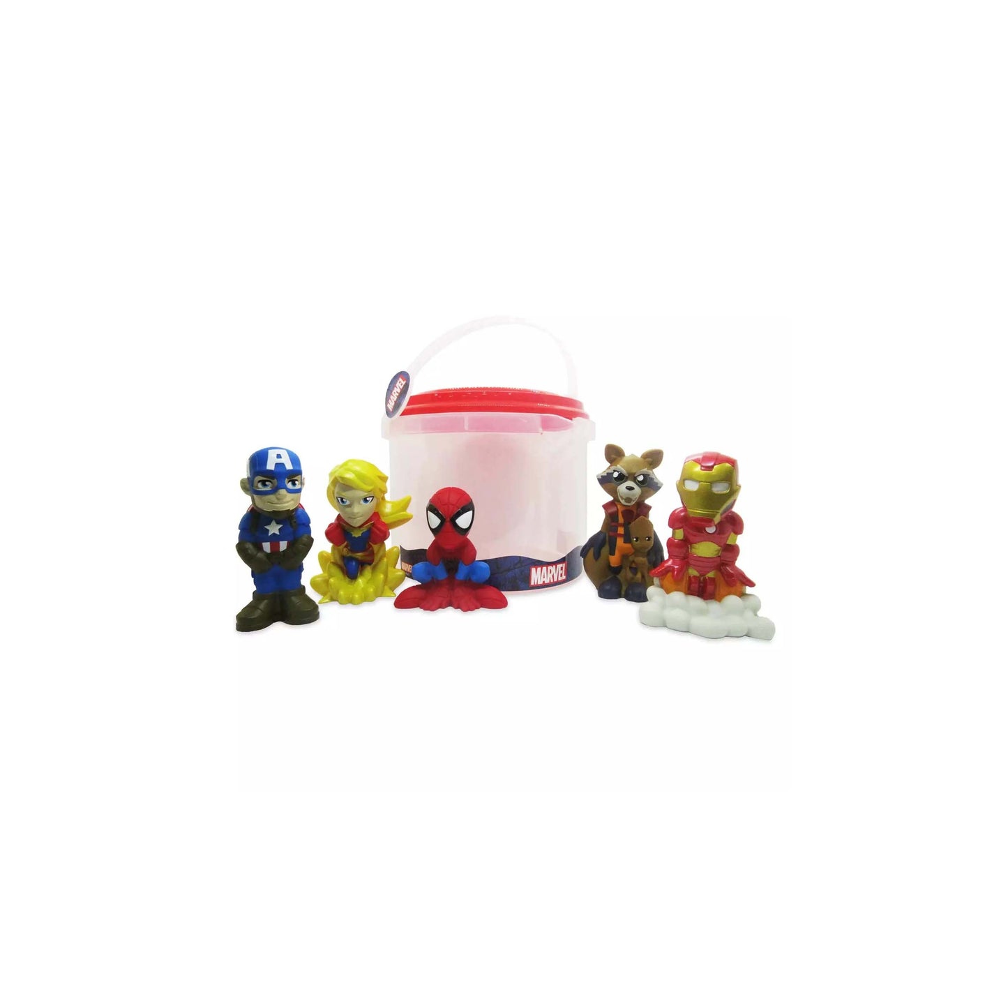Set of Marvel Avengers superhero character bath toys, including Captain America, Captain Marvel, Spider-Man, Rocket Raccoon, and Iron Man, with a clear bucket for themed Orlando resort gift baskets