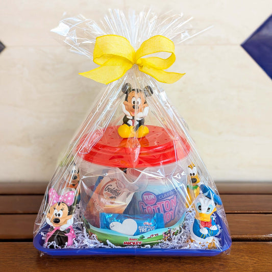 Custom Disney Mickey & Friends bath time and snack time gift basket featuring a character-themed bath set and assorted treats for Orlando resort delivery