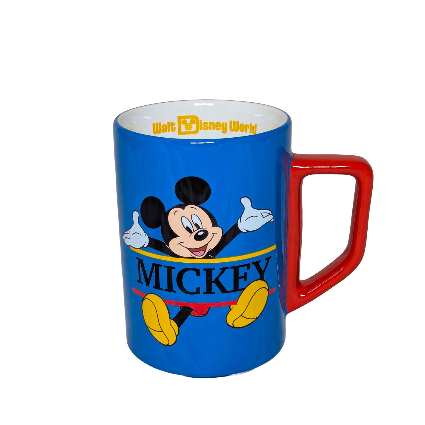 Blue ceramic mug featuring Mickey Mouse art and a red handle, perfect for themed Orlando resort gift baskets
