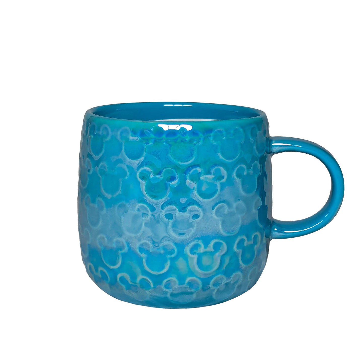 Blue ceramic mug with a repeating Mickey Mouse head pattern, perfect for themed Orlando resort gift baskets