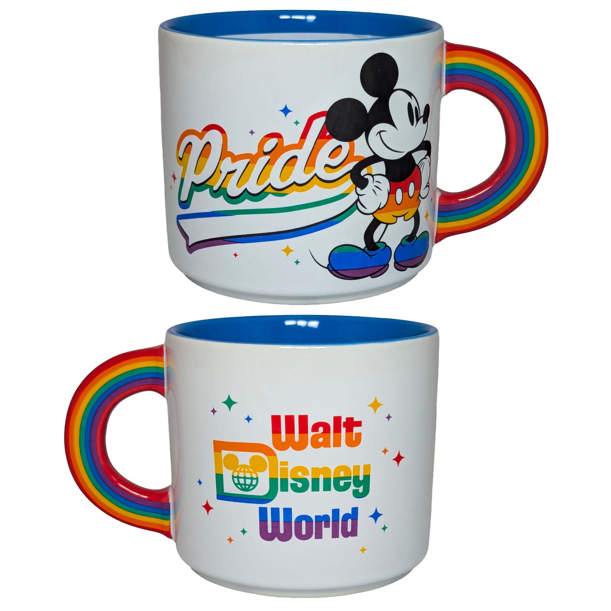 Mickey Mouse Pride-themed ceramic mug with rainbow handle and "Walt Disney World" text, perfect for themed Orlando resort gift baskets