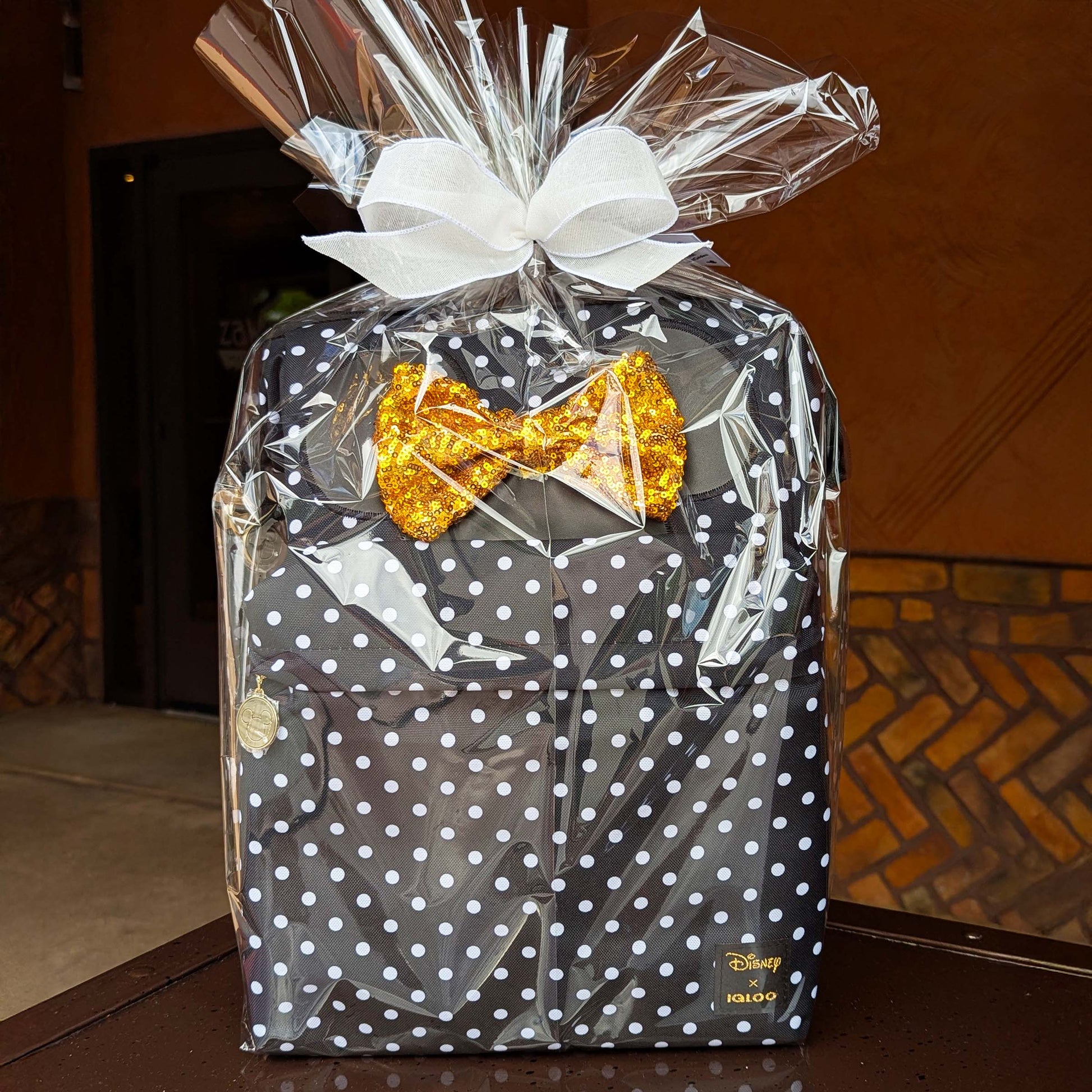 Disney Minnie Mouse Igloo 24-can backpack cooler wrapped as a gift, perfect for custom resort deliveries at Walt Disney World and Universal Orlando