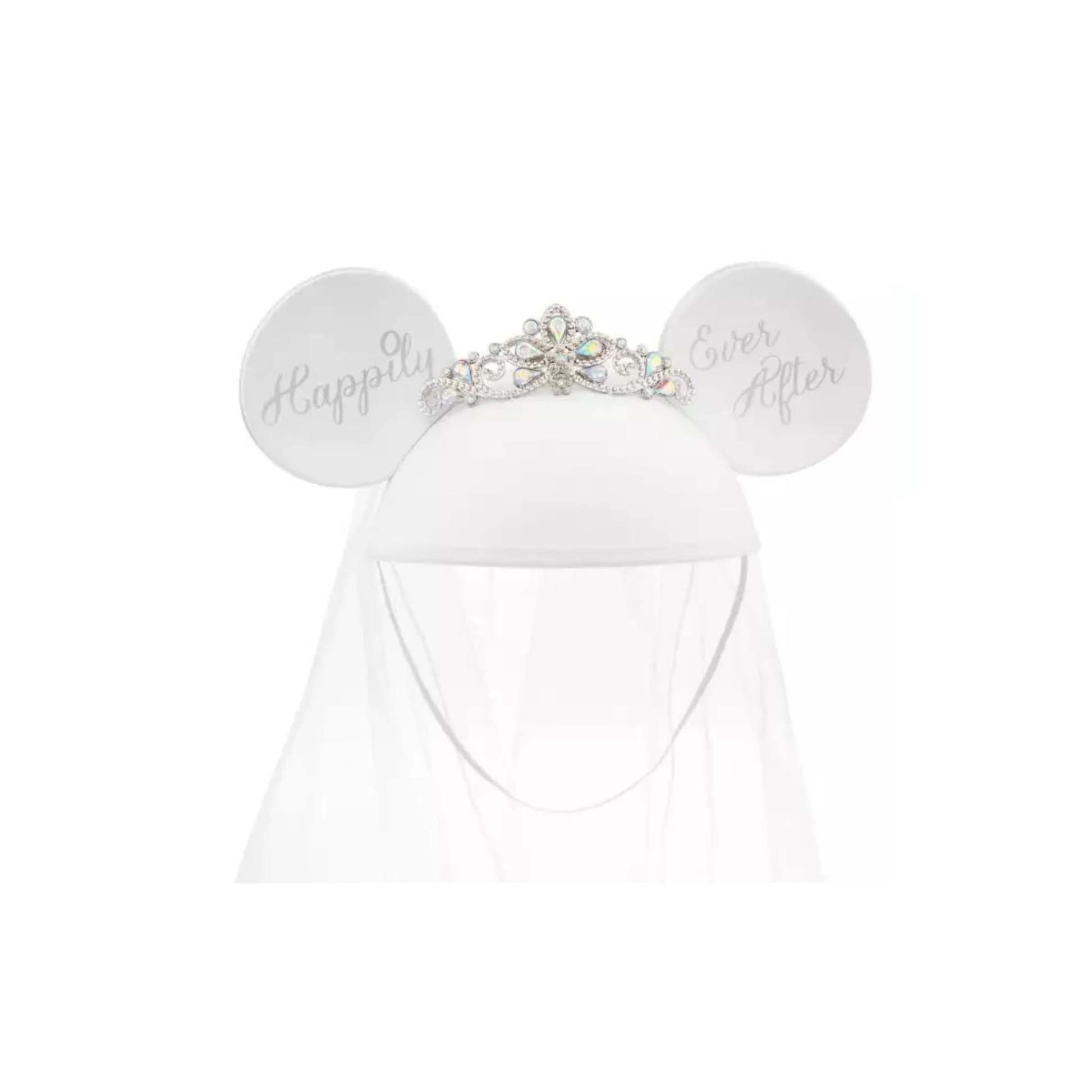 Disney Minnie Mouse bride ear hat with "Happily Ever After" tiara, available for custom gift basket delivery to Walt Disney World resorts in Orlando