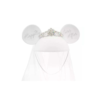 Disney Minnie Mouse bride ear hat with "Happily Ever After" tiara, available for custom gift basket delivery to Walt Disney World resorts in Orlando