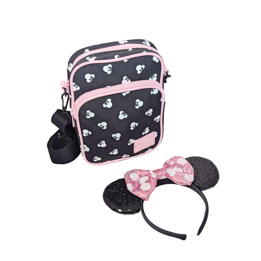 Minnie Mouse polka dot crossbody bag and matching sequin ear headband, included in gift baskets for Walt Disney World resort deliveries in Orlando