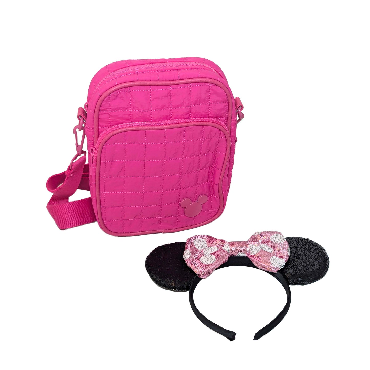 Minnie Mouse hot pink quilted crossbody bag and matching ear headband, included in gift baskets for Walt Disney World resort deliveries in Orlando
