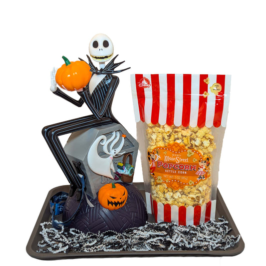 Nightmare Before Christmas Jack Skellington light-up refillable popcorn bucket gift basket with Mickey Main Street Kettle Corn on a themed tray