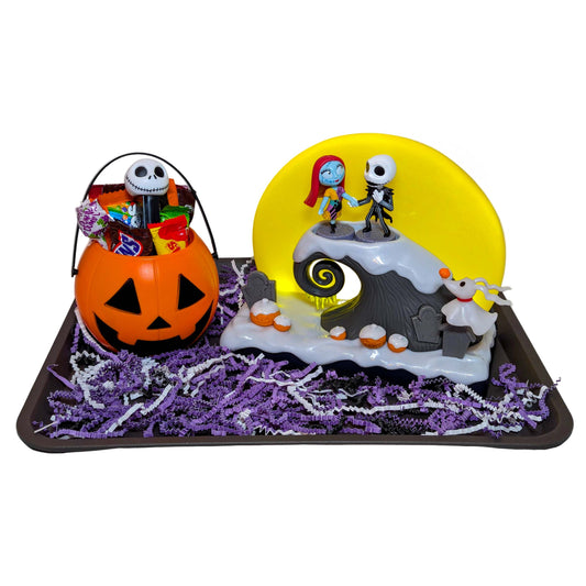Nightmare Before Christmas themed gift basket featuring a light-up Jack, Sally, and Zero Spiral Hill display with Halloween treats