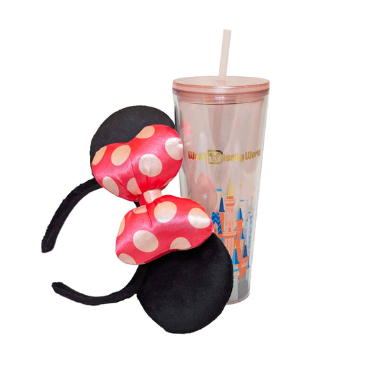 Disney-themed tumbler with straw and minnie ears featured in a gift set perfect for Walt Disney World resort deliveries