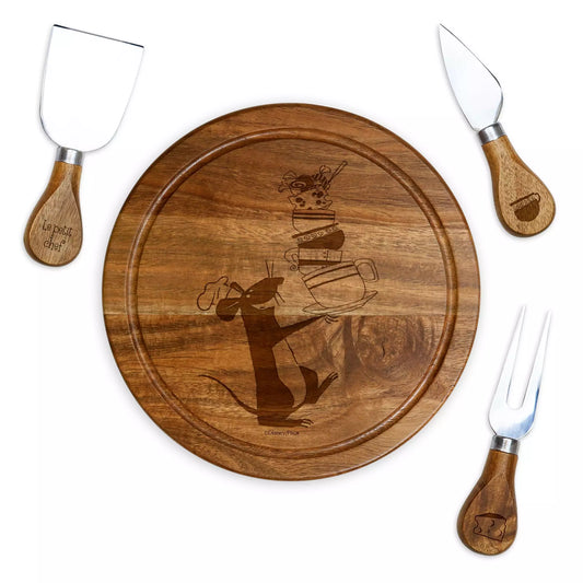 Disney Ratatouille-inspired wooden serving board with cheese utensils, included in a custom gift basket for Walt Disney World resort deliveries in Orlando