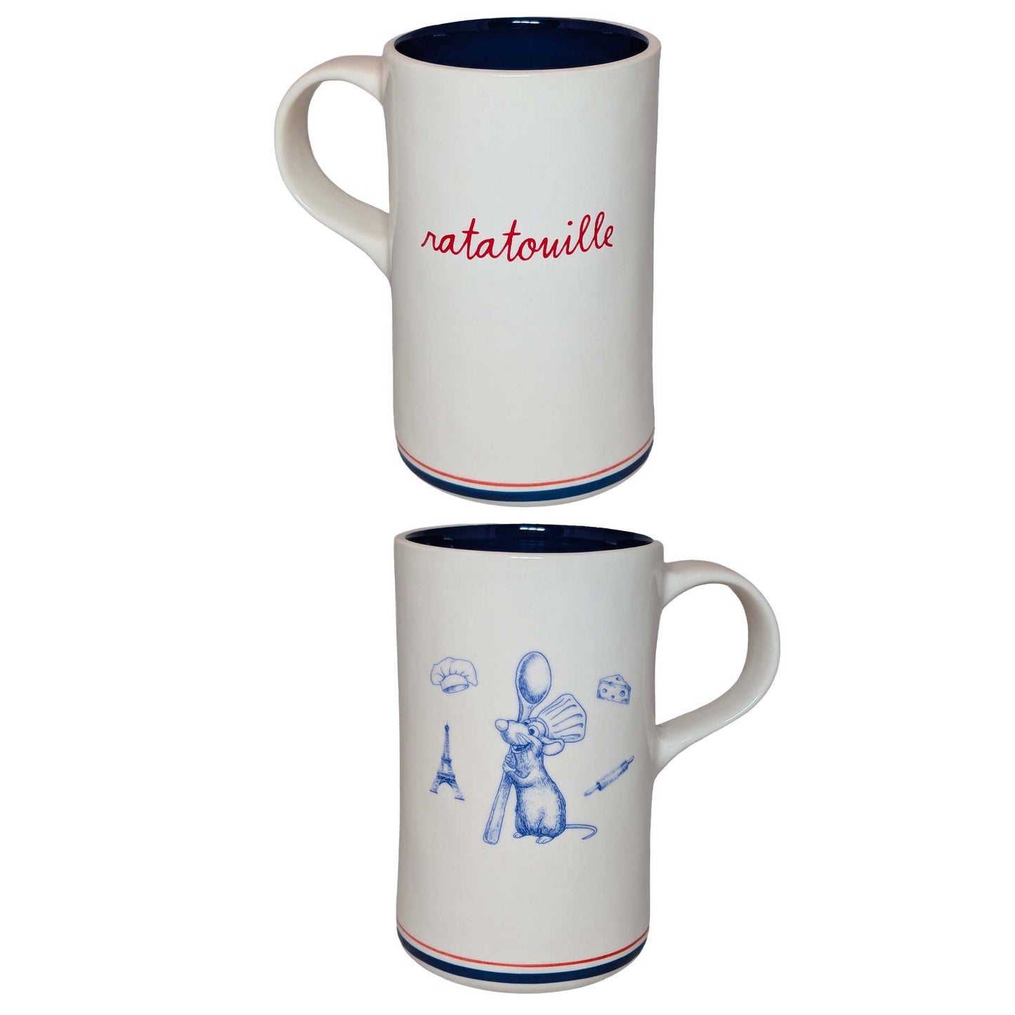 Ratatouille-themed ceramic mugs featuring character art and "ratatouille" script, perfect for themed Orlando resort gift baskets