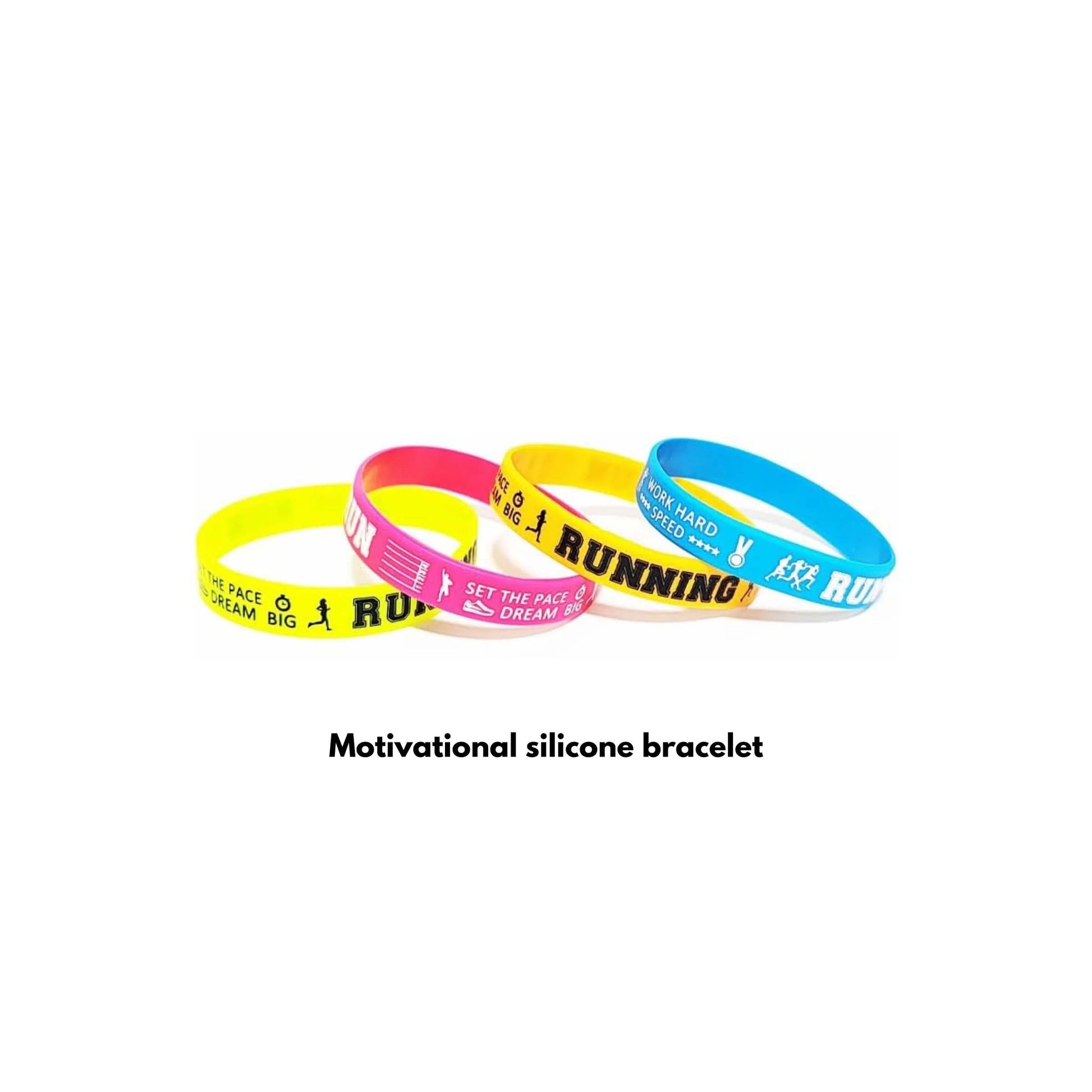 Four motivational silicone running bracelets in yellow, pink, and blue featuring inspirational text for runDisney race day gift baskets